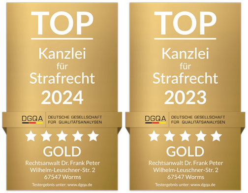 Top Kanzlei Strafrecht 2023 & 2024 - Rechtsanwalt Dr. jur. Frank K. Peter